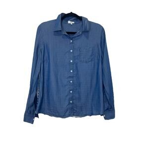 Crown Ivy Women’s Size Medium Petite Denim Button Down Shirt Black Striped Back